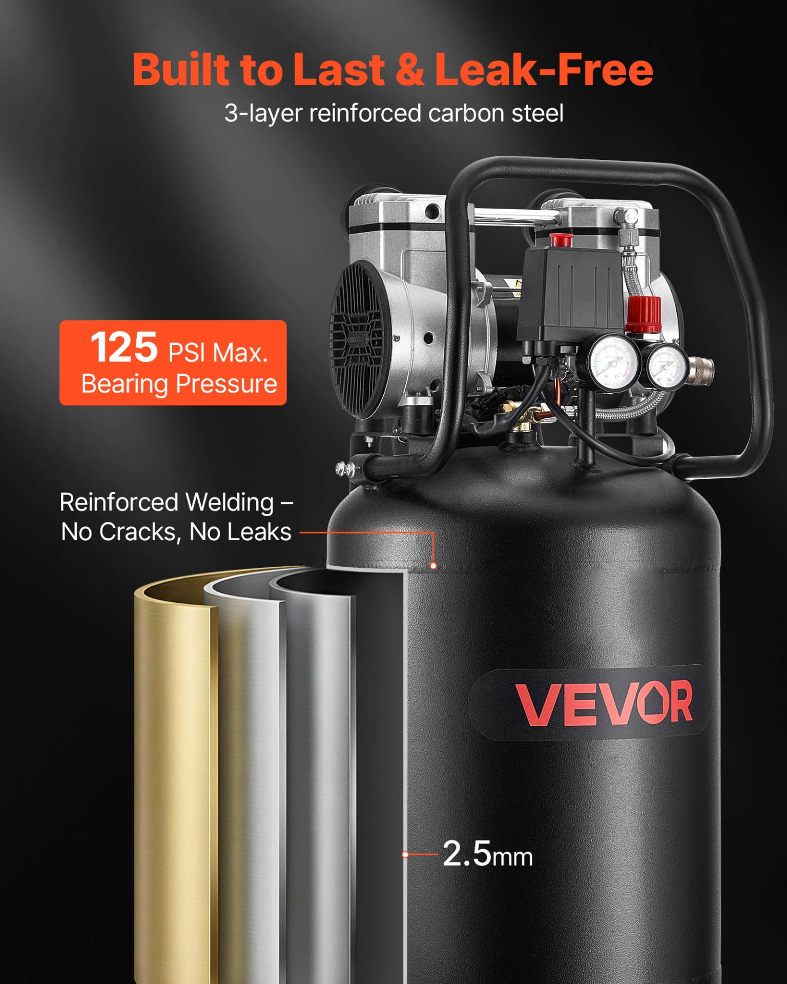 Start2Finish VEVOR 14-Gallon 2HP Air Compressor with wheels, oil-free tank, suitable for auto repair, tire inflation, and spray painting.