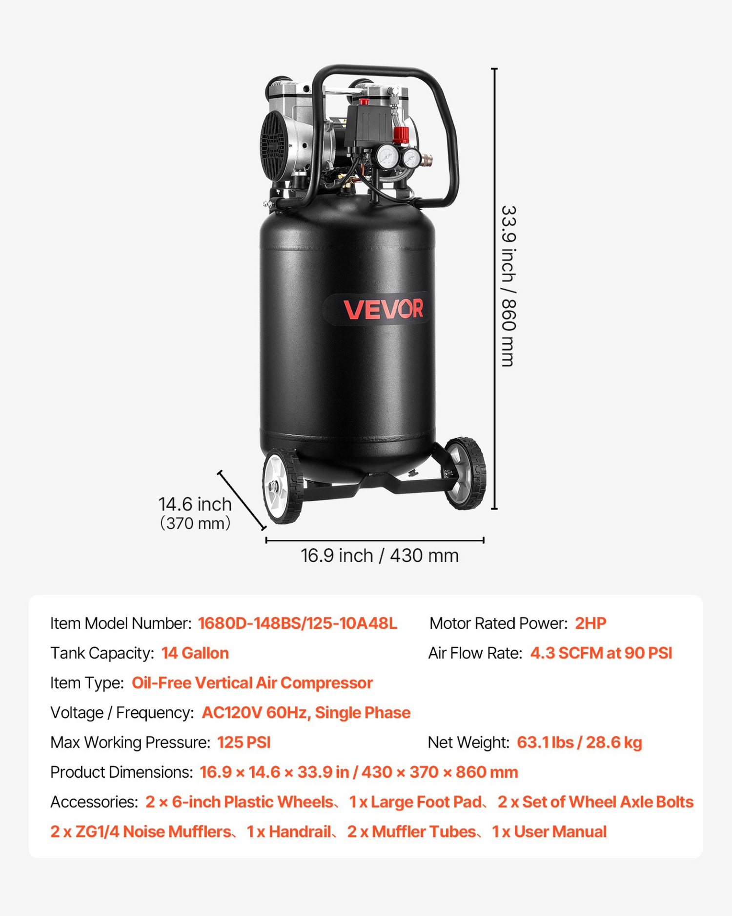 Start2Finish VEVOR 14-gallon oil-free air compressor with wheels, 2HP motor, pressure gauge, and tank for auto repair and tire inflation.