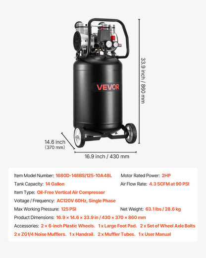 Start2Finish VEVOR 14-gallon oil-free air compressor with wheels, 2HP motor, pressure gauge, and tank for auto repair and tire inflation.