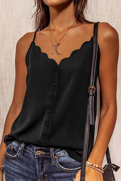 Black spaghetti straps buttoned V-neck vest for women, featuring a stylish fit and classic design from Lavender Pallas.
