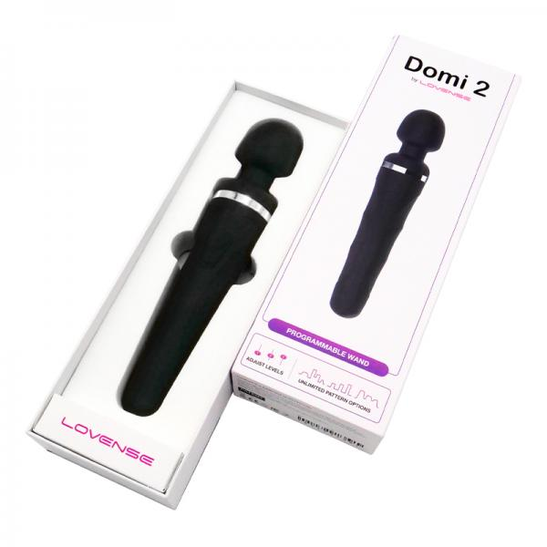 Lovense Domi 2 by Start2Finish, sleek rechargeable vibrator with textured silicone surface, shown with control app interface.