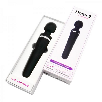 Lovense Domi 2 by Start2Finish, sleek rechargeable vibrator with textured silicone surface, shown with control app interface.