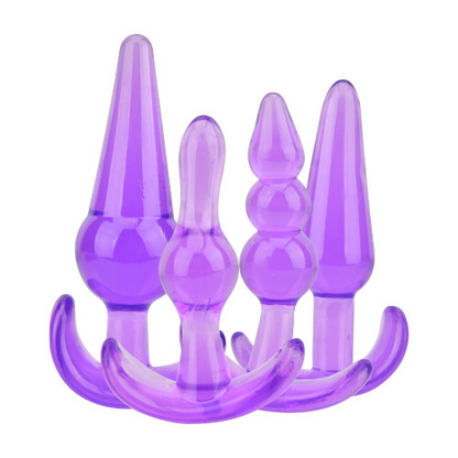 Start2Finish Loving Joy butt plug training kit in purple, showing various sizes and shapes for beginner anal training.