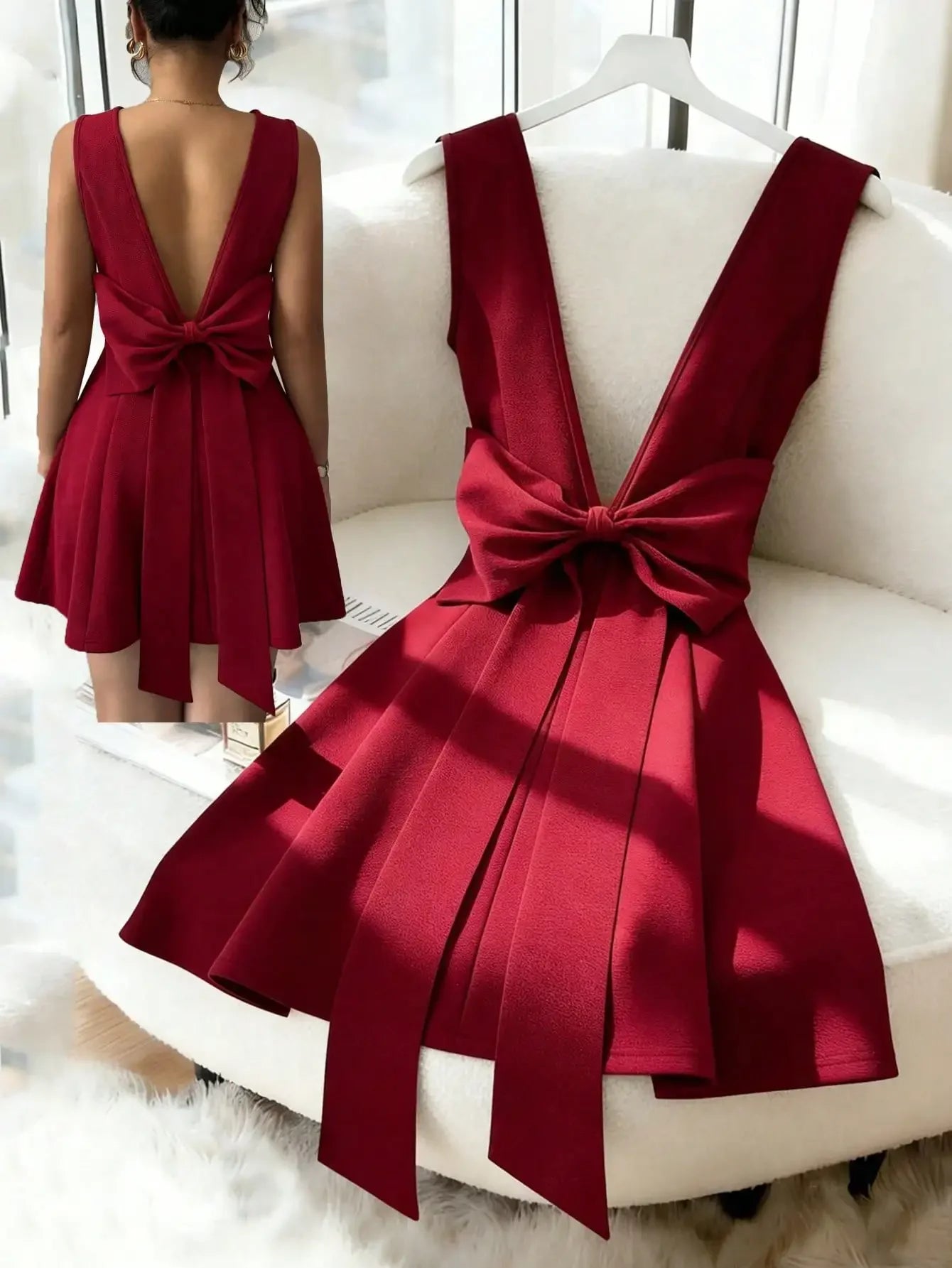 New Elegant Sexy V-Neck Backless Fitted Dress With Bowknot Waist, Burgundy Color, Luxury European Style, Suitable For In