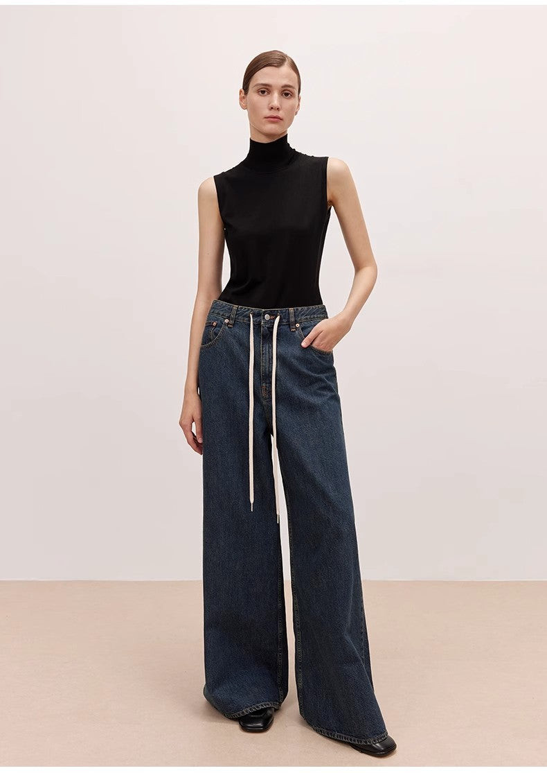 "Retro Blues" fashionable high waist pleated design washed casual wide