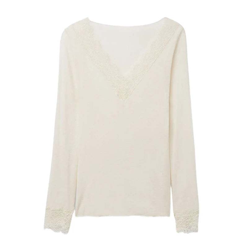 2026 Spring/Autumn Lady Fashion Inner Wear Casual V Neck Lace Trim Top Women's Solid Full Sleeve Underwear Shirt for Layering
