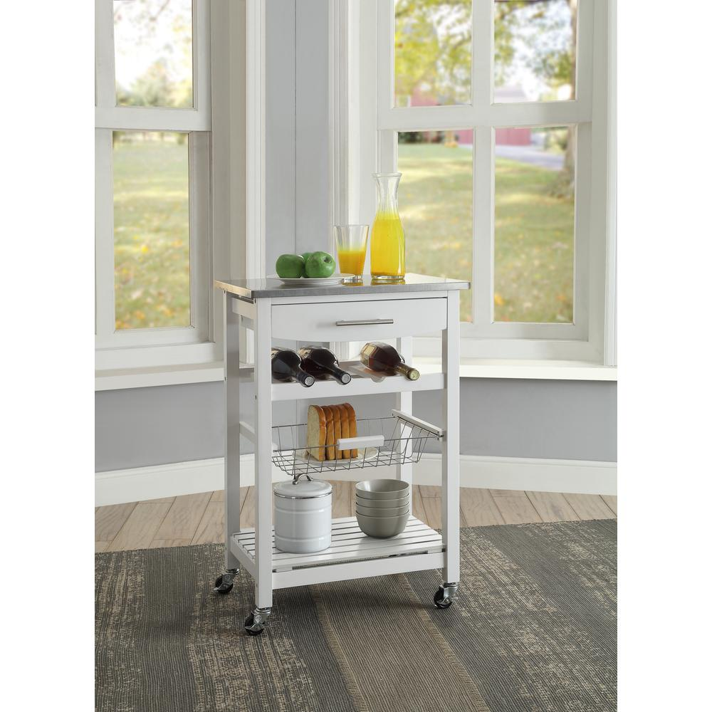 Start2Finish Clarke White Kitchen Cart with wooden top, open shelves, and storage drawers for versatile kitchen organization.