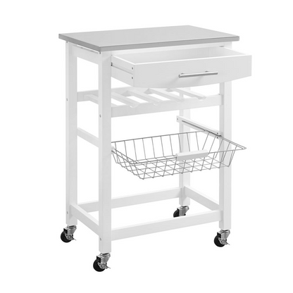 Clarke white kitchen cart with storage shelves and a sturdy tabletop, ideal for food prep and organization in the kitchen.