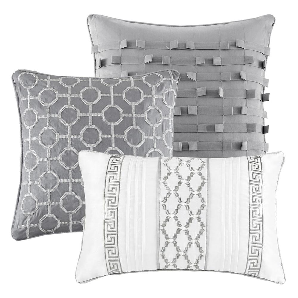 Start2Finish Bennett 7-piece grey comforter set with matching pillow shams and decorative pillows, cozy bedding ensemble.