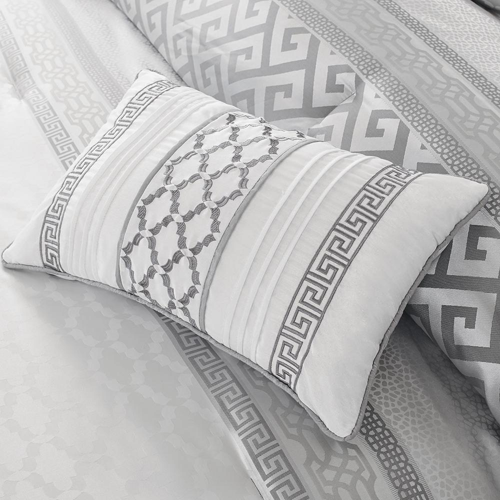 Start2Finish Bennett 7-piece grey comforter set with matching pillow shams and bedding accessories on a neatly made bed.