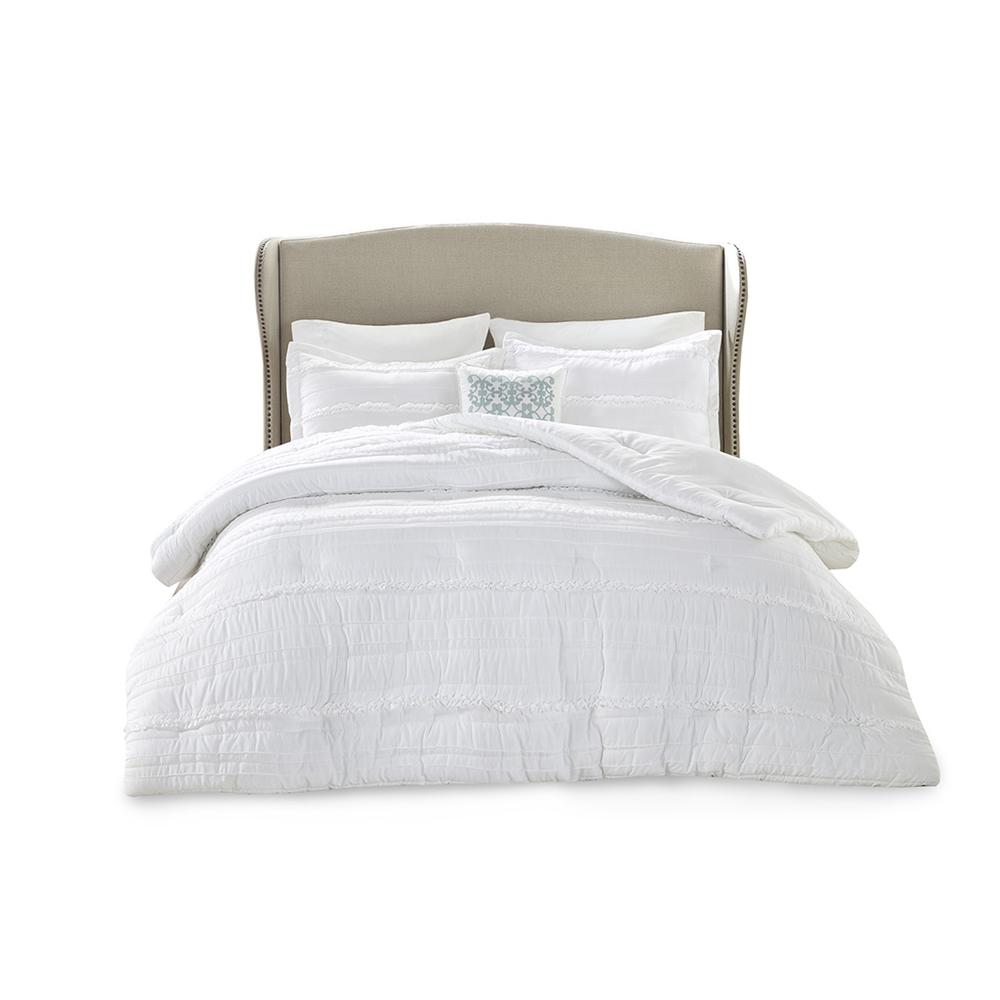 Start2Finish Celeste 5-piece microfiber ruffled comforter set in white with matching pillow shams and decorative details.