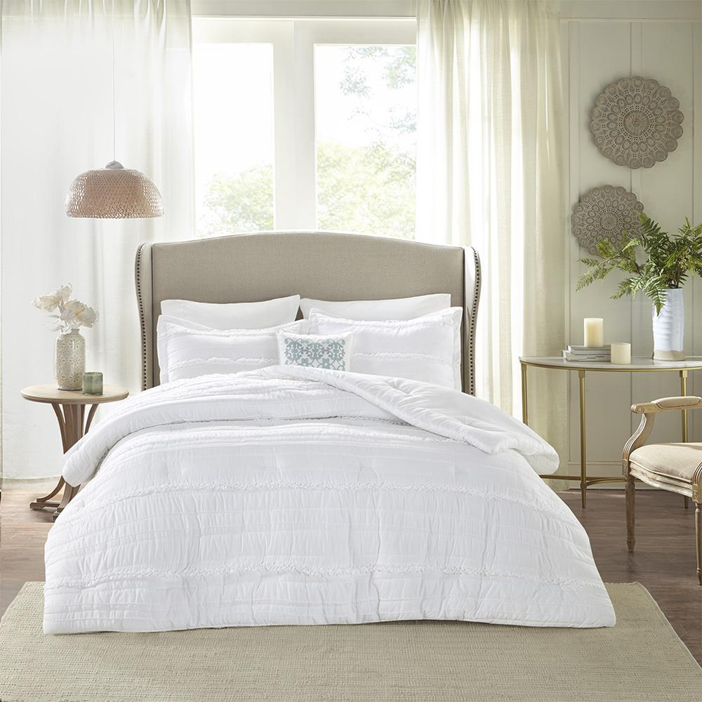 Start2Finish Celeste 5-piece microfiber ruffled comforter set in white, featuring soft fabric and elegant ruffle details.