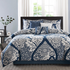 Vienna 7-piece cotton printed comforter set in indigo color with matching pillow shams and decorative accents.