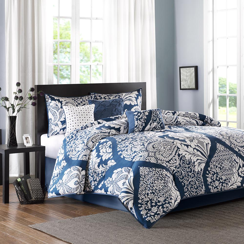 Vienna 7-piece cotton printed comforter set in indigo color with matching pillow shams from Start2Finish.