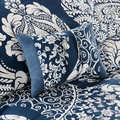 Start2Finish Vienna 7-piece cotton comforter set in indigo with printed design, including matching pillow shams and bed skirt.
