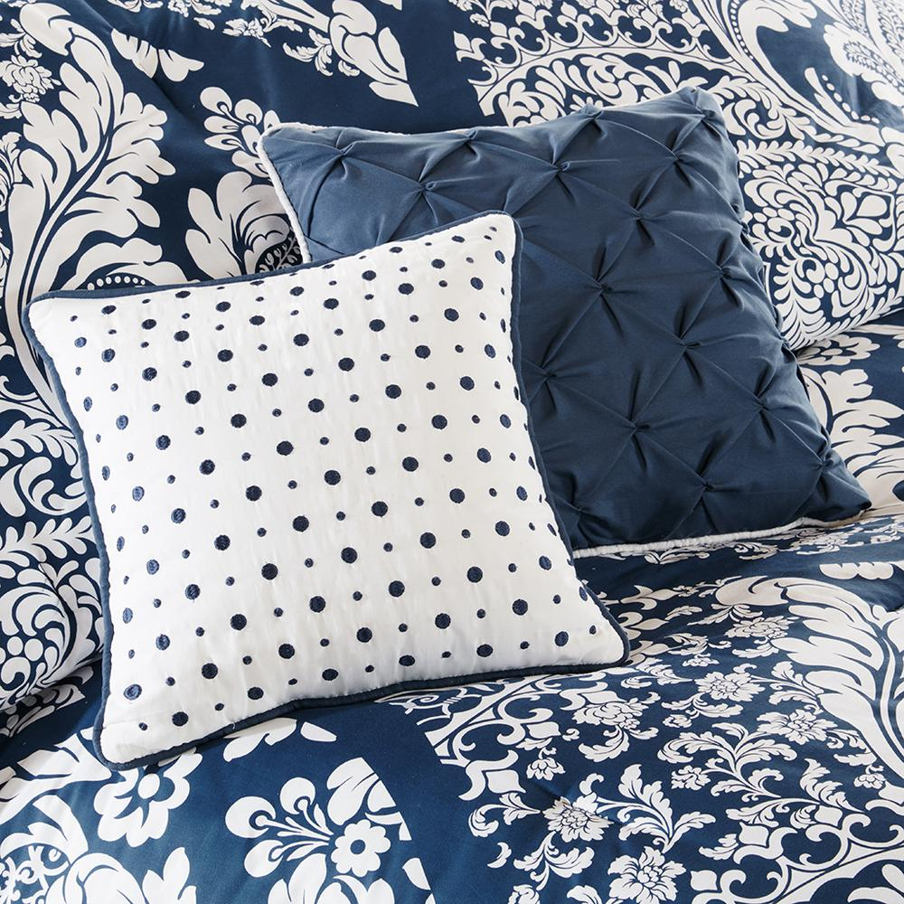 Start2Finish Vienna 7-piece cotton printed comforter set in indigo with coordinating pillow shams and bed accessories.