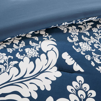 Vienna 7-piece cotton printed comforter set in indigo color with matching pillow shams by Start2Finish, showcasing floral design.