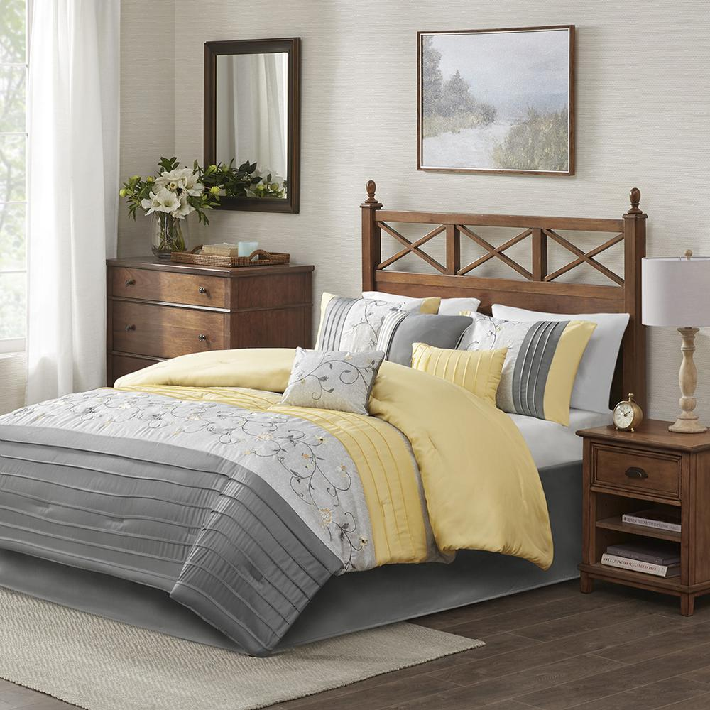 Start2Finish embroidered 7-piece comforter set with floral designs, including matching pillow shams and decorative accents.