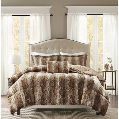 Start2Finish 4-piece faux fur comforter set with plush, soft bedding in neutral tones for cozy bedroom decor.