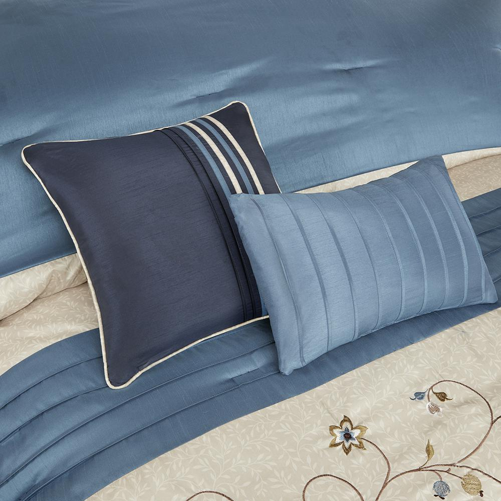 Start2Finish Serene Embroidered 7-Piece Comforter Set in navy, featuring detailed embroidery and matching pillow shams.