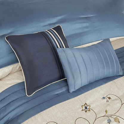 Start2Finish Serene Embroidered 7-Piece Comforter Set in navy, featuring detailed embroidery and matching pillow shams.