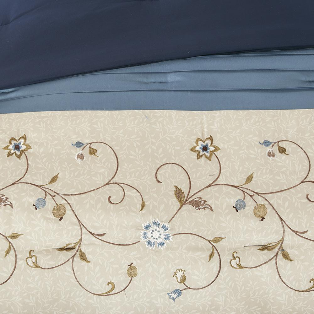 Serene embroidered navy 7-piece comforter set by Start2Finish, featuring detailed embroidery and matching pillow shams.