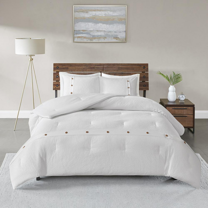 Start2Finish 3-piece cotton waffle weave comforter set with textured fabric and matching pillow shams on a bed.