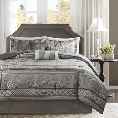 Start2Finish 7-piece Jacquard comforter set featuring intricate woven patterns and matching pillow shams for a stylish bedroom.