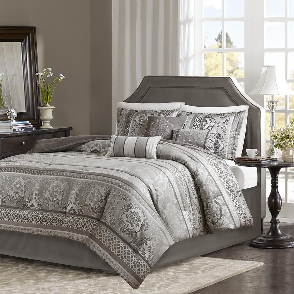 Start2Finish 7-piece Jacquard comforter set with intricate woven pattern and coordinating pillow shams on a neatly made bed.