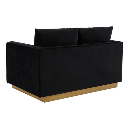 Nervo modern mid-century velvet loveseat with gold frame, upholstered in soft fabric, showcasing sleek design and luxurious style.