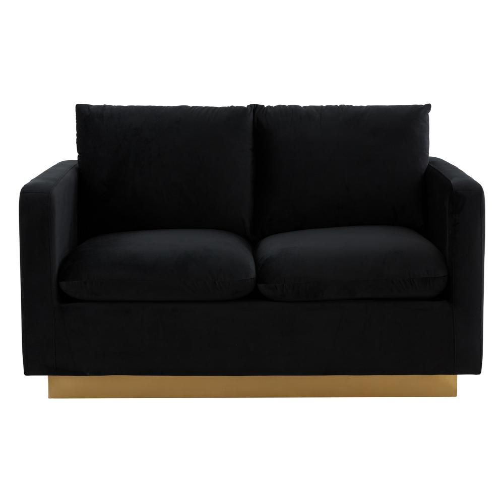 Modern mid-century velvet loveseat with gold frame, upholstered in plush fabric, featuring sleek design and elegant craftsmanship.