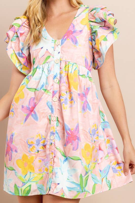 [Size L] Floral Printed Dress in Blush | V Neckline Button Down Mini
