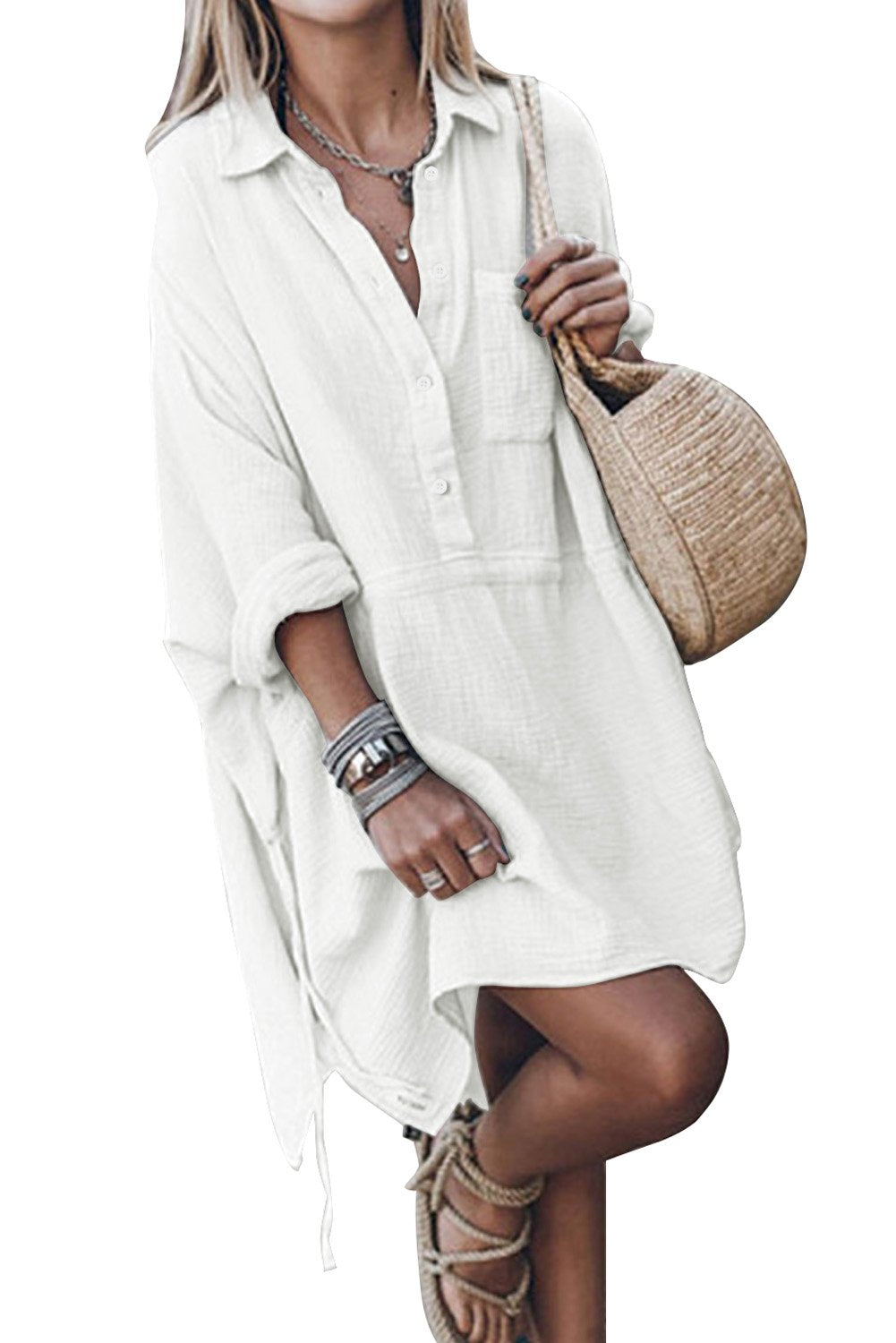 Half Button Pocketed Linen Casual Mini Dress