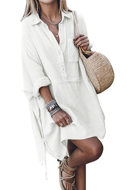 Half Button Pocketed Linen Casual Mini Dress