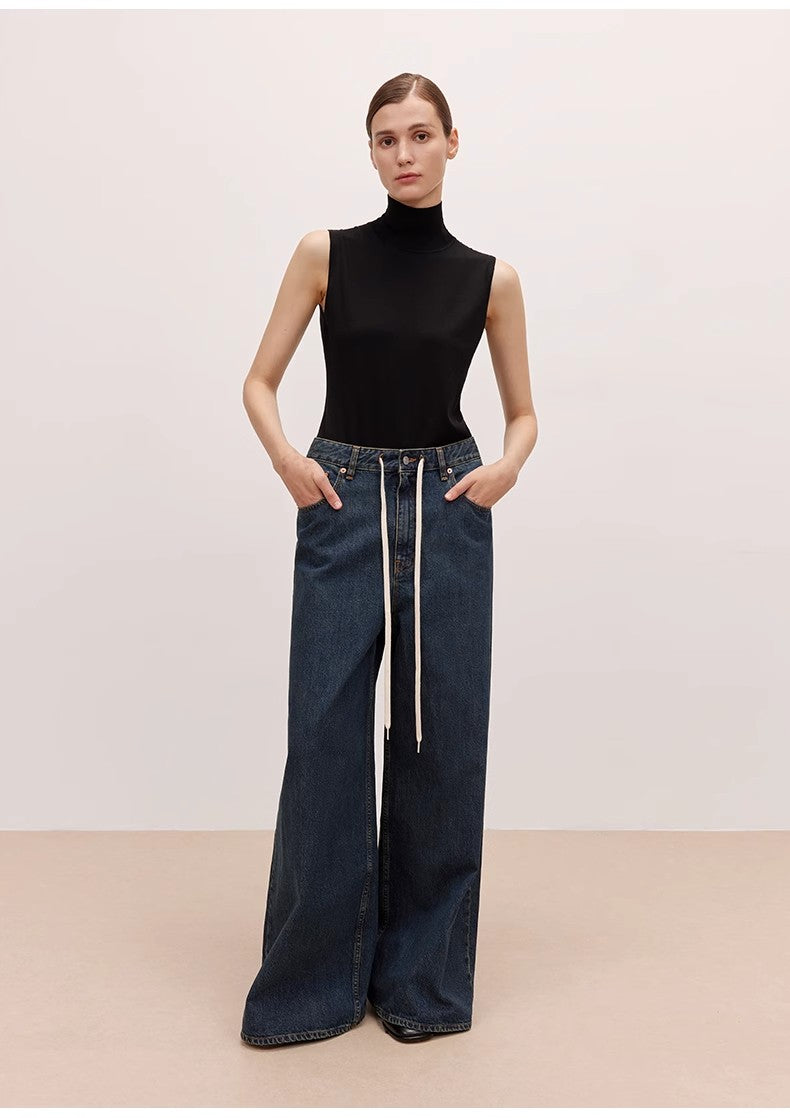 "Retro Blues" fashionable high waist pleated design washed casual wide