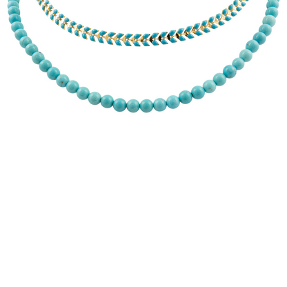 Blue turquoise magnesite layered necklace with golden chevron accents, stylish jewelry piece by Start2Finish.