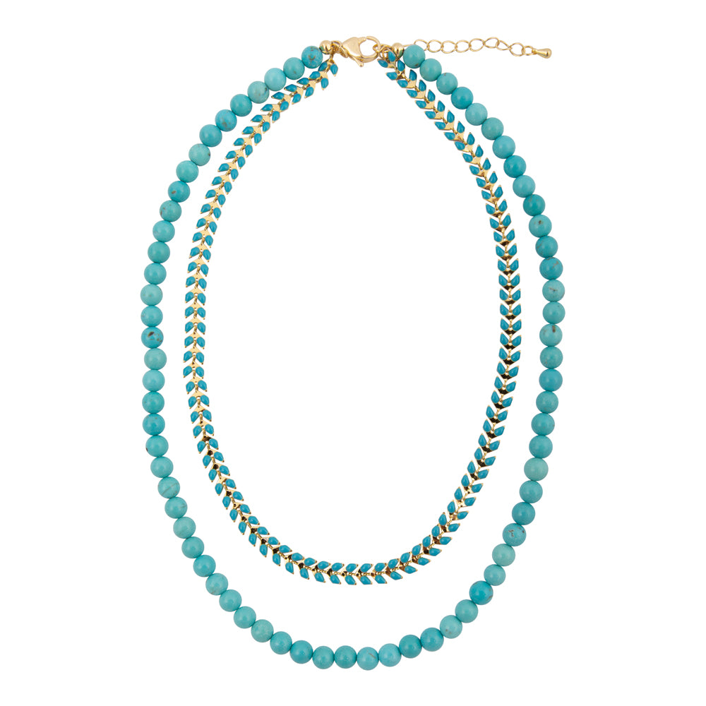 Blue turquoise magnesite layers with a golden chevron necklace from Start2Finish, featuring multiple strands and a stylish design.