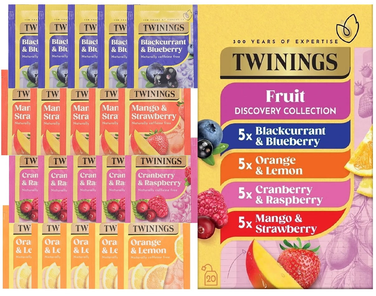 Start2Finish Twinings Fruit Discovery herbal tea bags, assorted fruit flavors, 20 or 80 individually wrapped tea bags.
