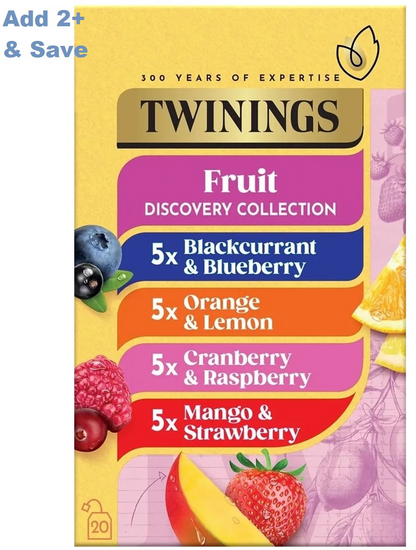 Start2Finish Twinings Fruit Discovery Herbal Tea Bags collection, 20 or 80 individually wrapped tea bags with colorful fruit and herbal blends.
