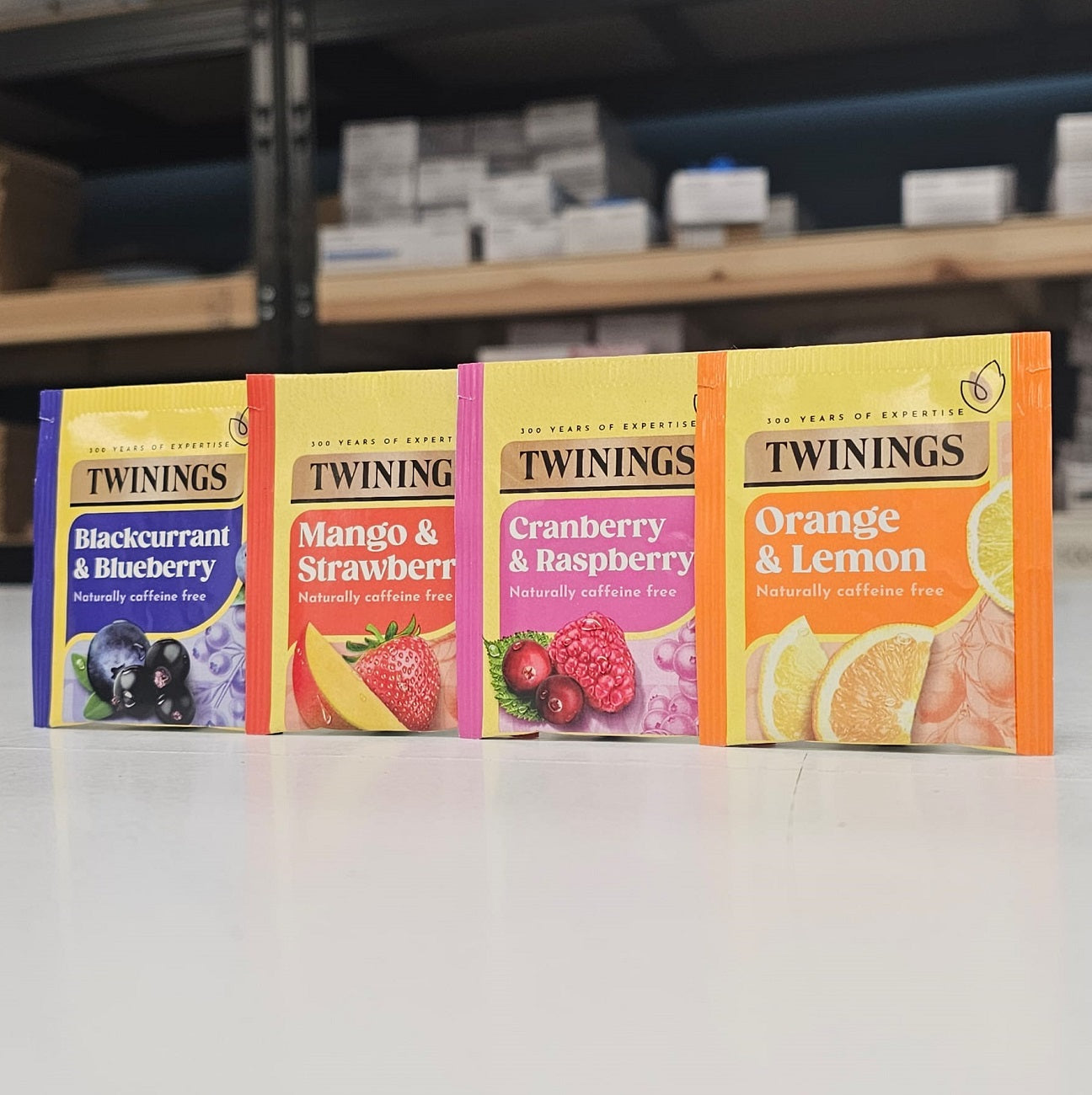 Start2Finish Twinings Fruit Discovery herbal tea bags collection in a box, featuring colorful individually wrapped tea bags.