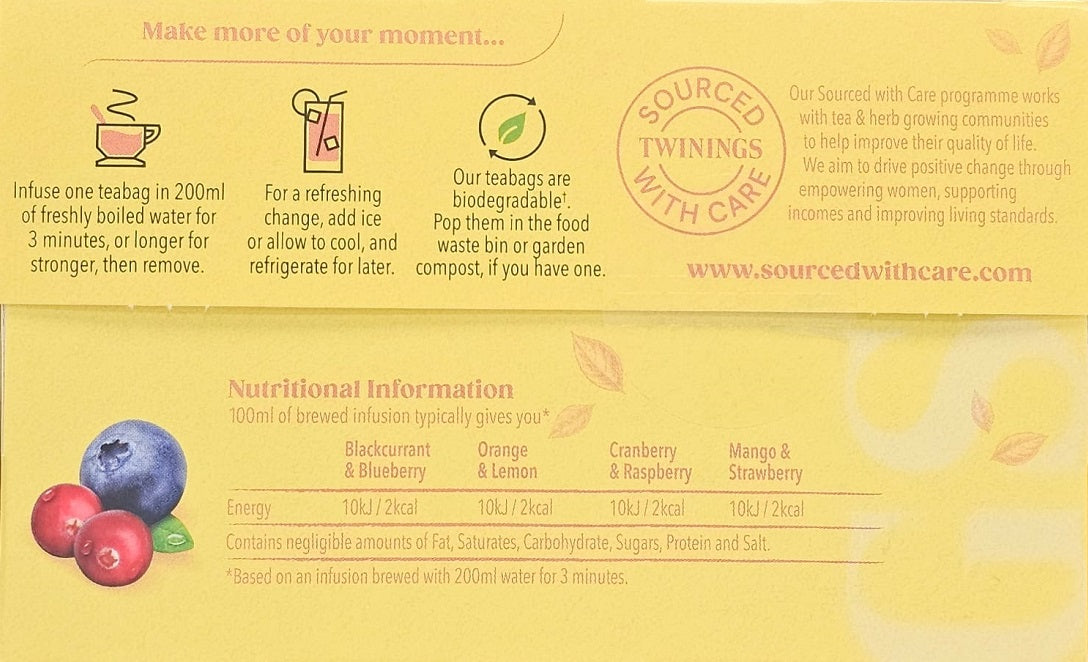 Start2Finish Twinings Fruit Discovery Herbal Tea Bags box with 20 or 80 individually wrapped tea bags, featuring colorful fruit illustrations.