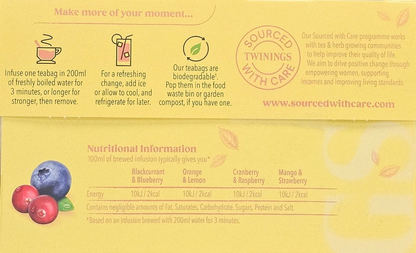 Start2Finish Twinings Fruit Discovery Herbal Tea Bags box with 20 or 80 individually wrapped tea bags, featuring colorful fruit illustrations.