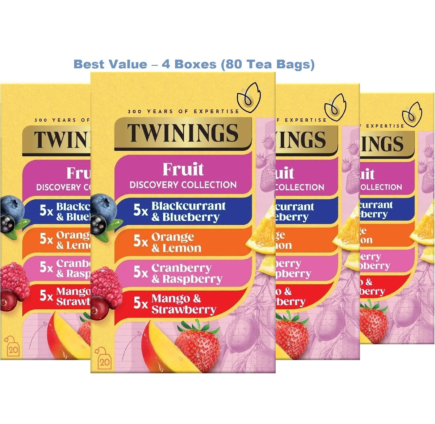 Start2Finish Twinings Fruit Discovery Herbal Tea Bags collection, 20 or 80 individually wrapped tea bags with colorful fruit and herbal blends.