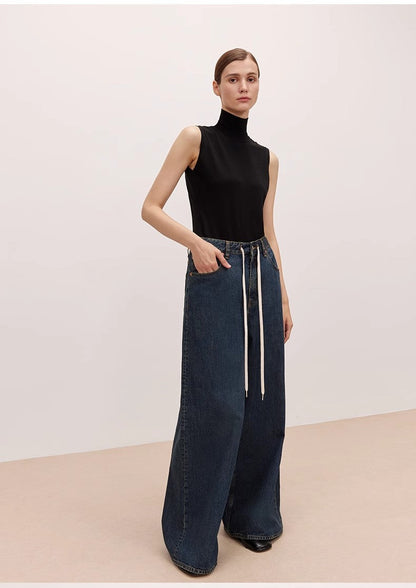"Retro Blues" fashionable high waist pleated design washed casual wide
