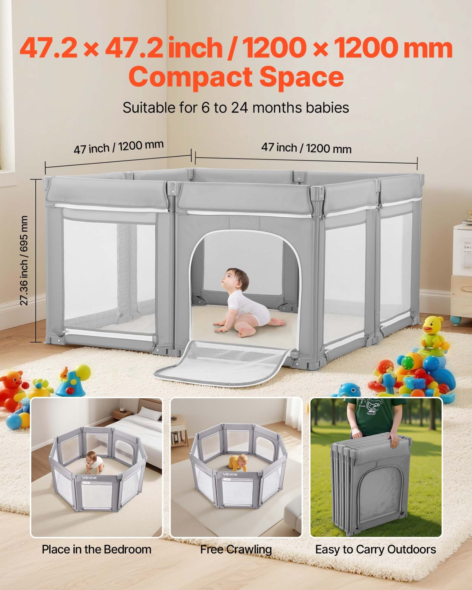 Start2Finish VEVOR baby playpen with soft mesh, foldable design, zippered door, indoor/outdoor toddler activity yard for ages 6-24 months.