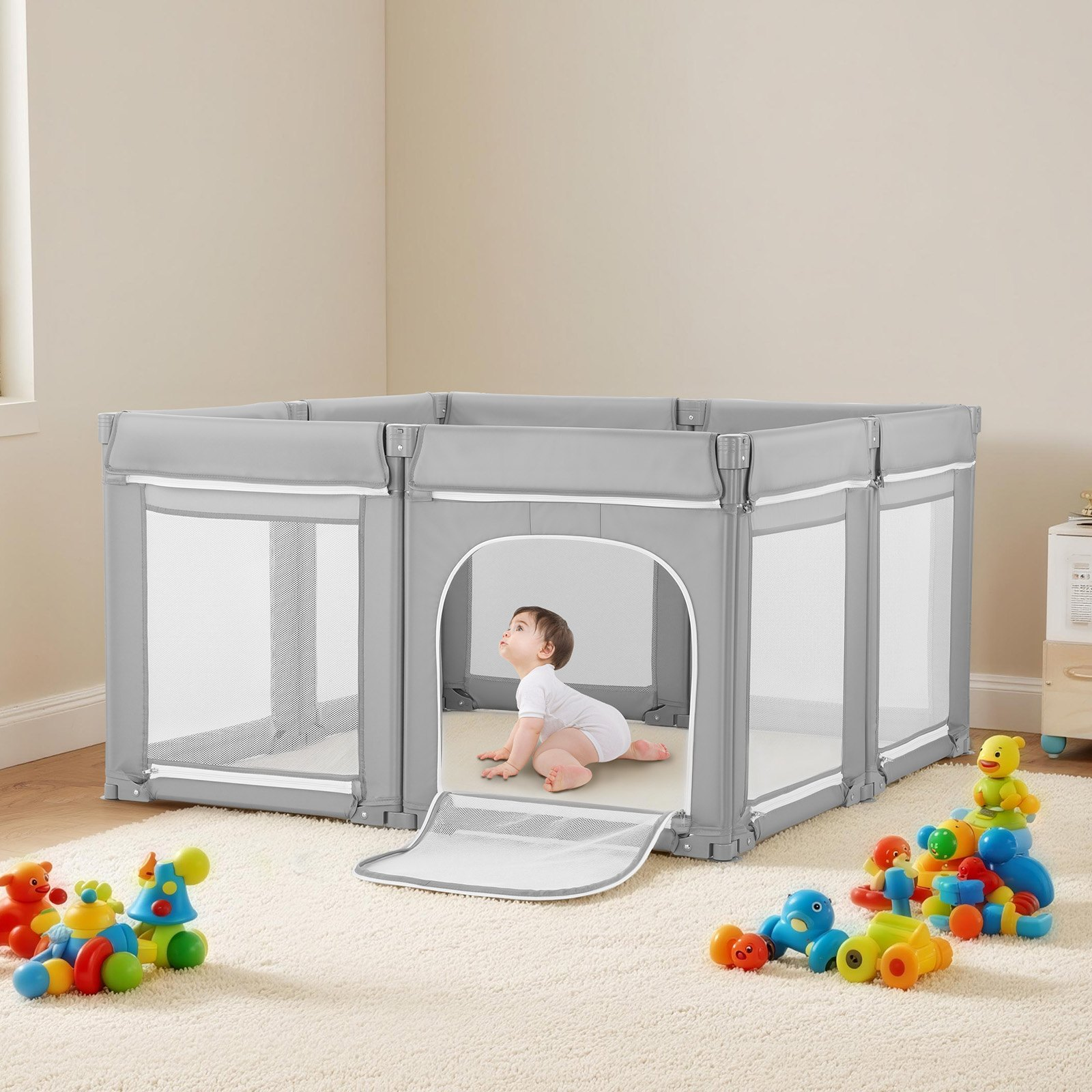 Start2Finish VEVOR baby playpen with foldable design, zippered door, breathable mesh, suitable for indoor and outdoor toddler activity.