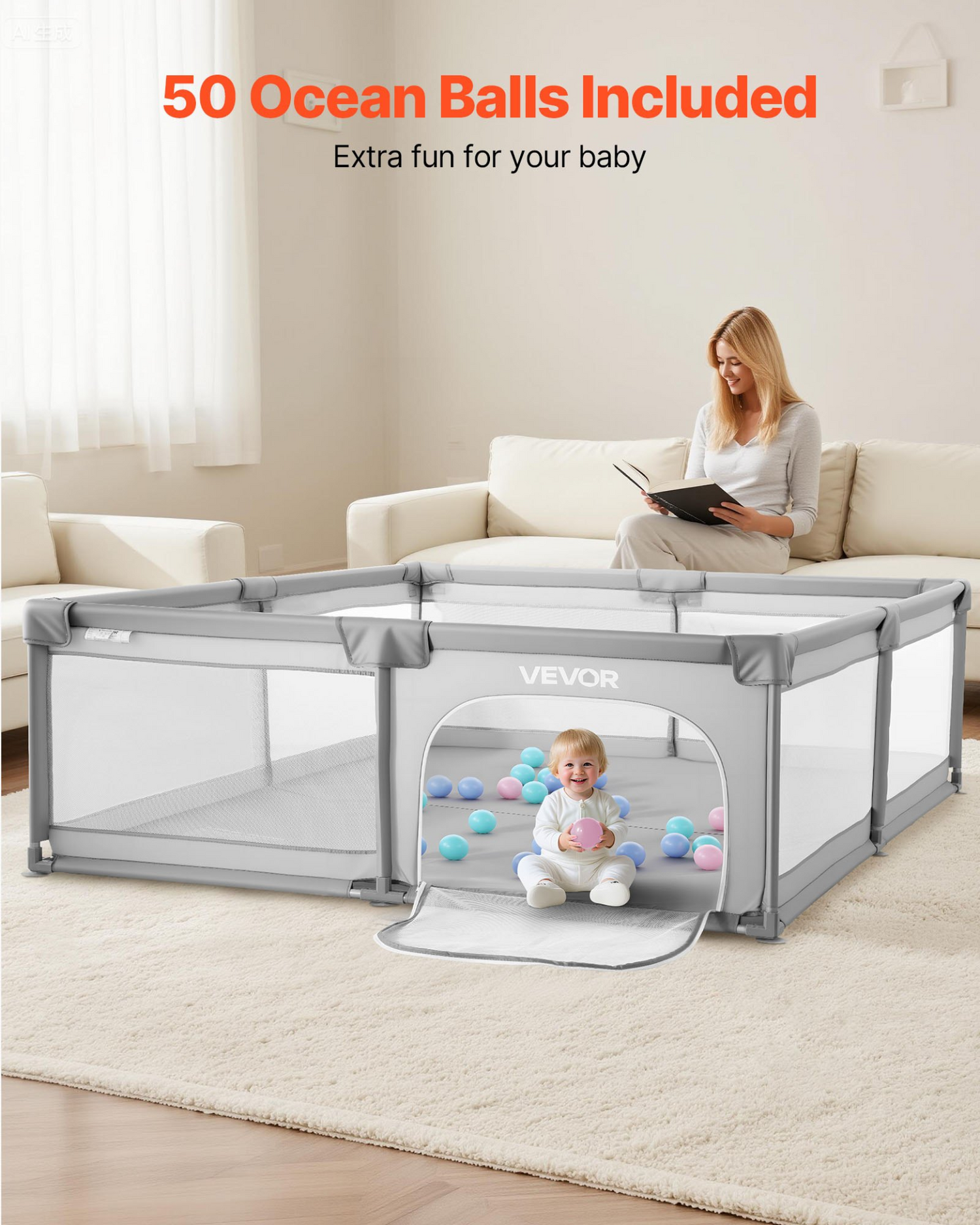 Start2Finish VEVOR baby playpen with soft mesh sides, zippered door, and 50 ocean balls, ideal for indoor and outdoor use.