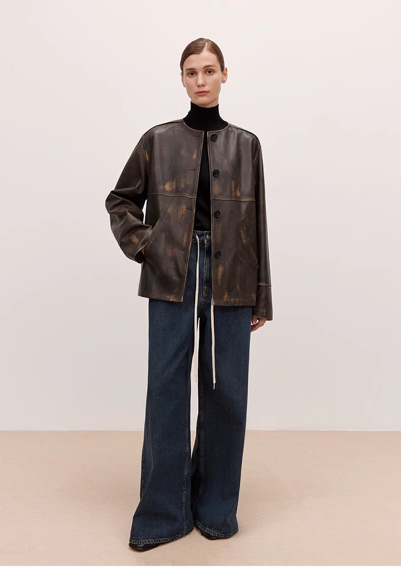 "Retro Blues" fashionable high waist pleated design washed casual wide