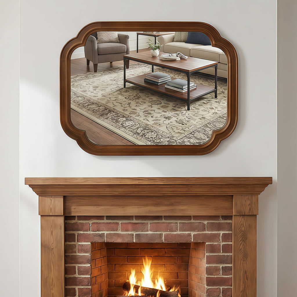 Solid Wood Frame Rounded Corner Decorative Mirror, For Bedroom,