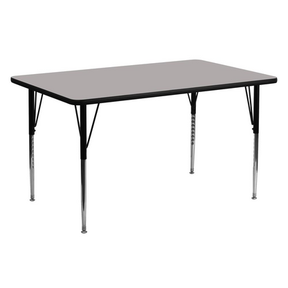 Grey Start2Finish 24-inch wide by 60-inch long height-adjustable HP activity table with standard legs, suitable for classrooms.